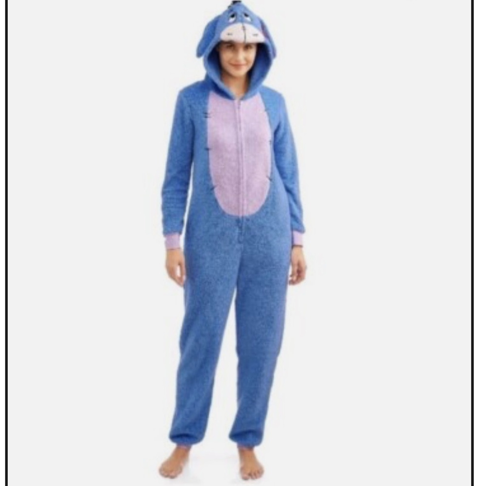 Disney Eeyore One Piece Jumpsuit Costume Medium Blue Hooded Halloween